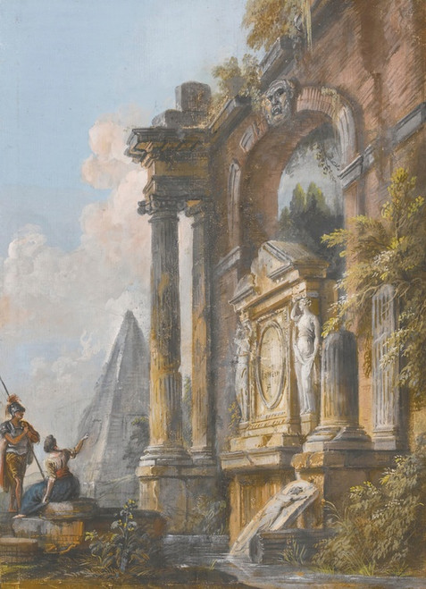 Digital Print - A View Of The Pyramid Of Caius Cestius And Ancient Ruins With A Soldier And Young Lady In The Foreground by Jean-Baptiste Lallemand