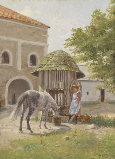 Digital Print - Mdchen mit Pferd am Brunnen by Hermann Reisz