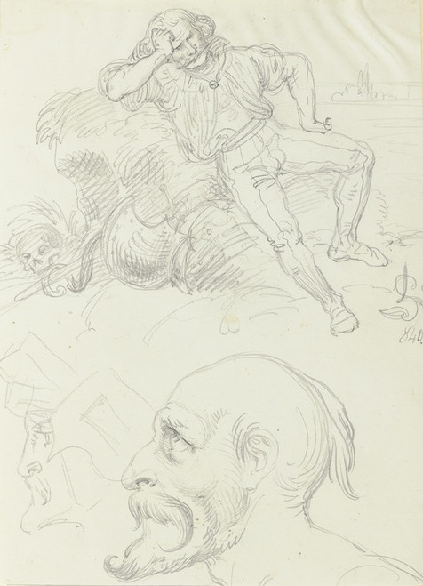 Digital Print - Studienblatt; grbelnder Mann und zwei Profilkpfe by Ludwig Michael Schwanthaler