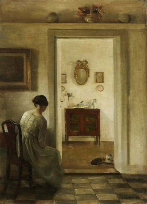 Digital Print - Woman in an Interior with Two Cats Drinking Milk by Carl Holse