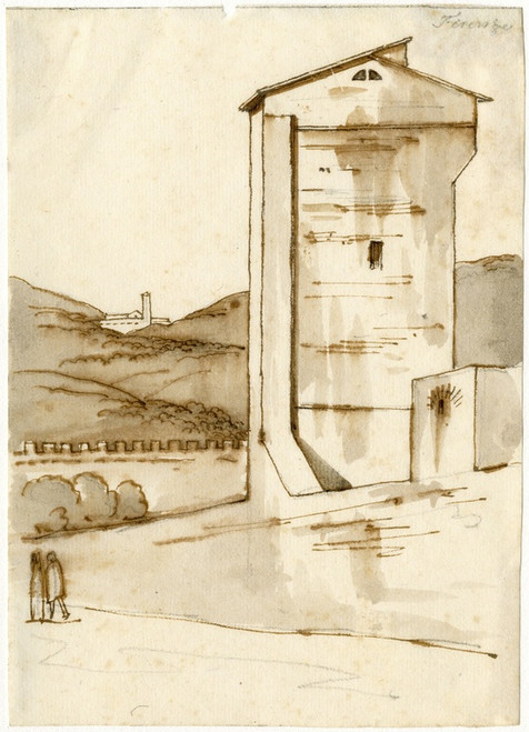 Digital Print - Florence: gebouw en muur met heuvels op de achtergrond by David Humbert de Superville