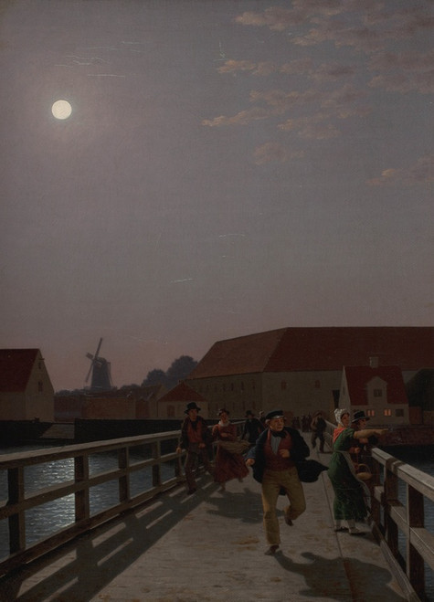 Digital Print - Langebro, Copenhagen, in the Moonlight with Running Figures by Christoffer Wilhelm Eckersberg
