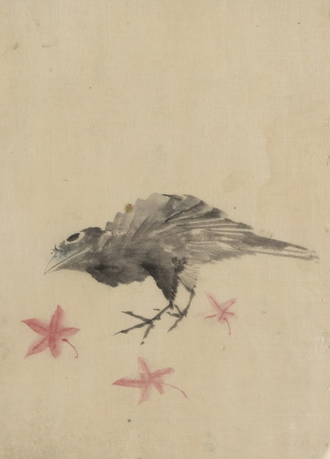 Digital Print - A bird, possibly crow or raven, facing left, standing among leaves with head cocked as though looking closely or listening by Katsushika Hokusai
