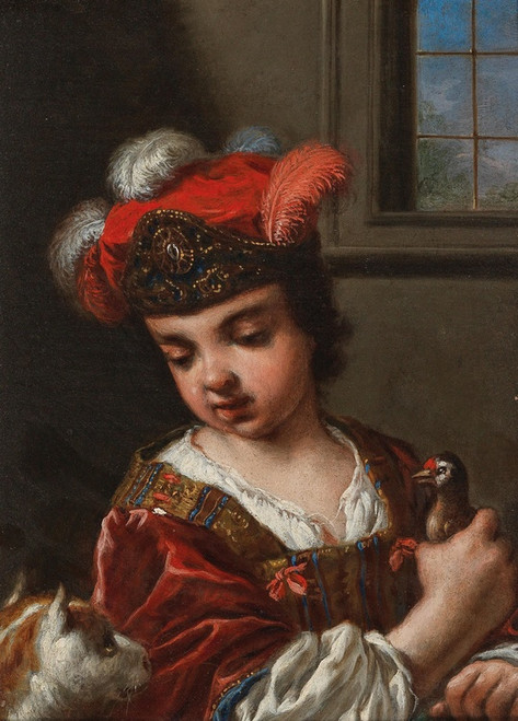 Digital Print - A Girl, Half-Length, Holding A Bird, With A Cat In The Foreground by Antonio Mercurio Amorosi