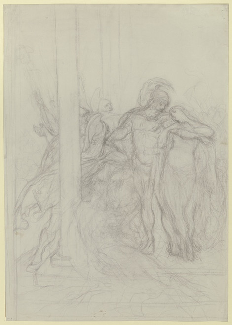 Digital Print - Ein Krieger in antiker Gewandung hindert eine klagende Frau daran, sich einer an einer Sule hingestreckten Gestalt zu nhern by Victor Mller