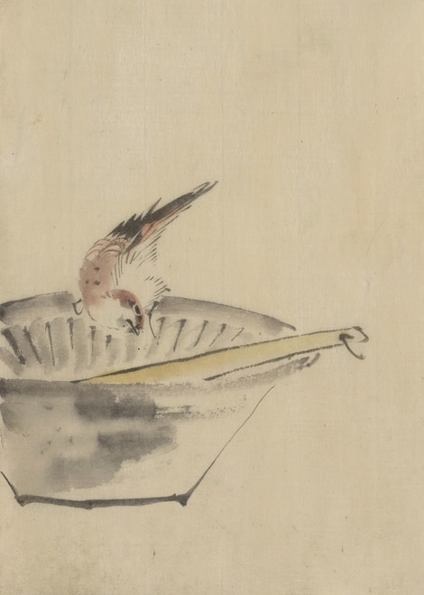 Digital Print - A bird perched on the edge of a bowl, with head cocked, looking at a utensil in the bowl by Katsushika Hokusai