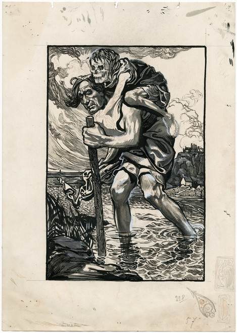 Digital Print - Door het water wadende man met skelet op de rug by Johannes Josephus Aarts