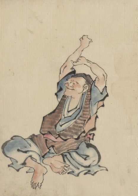 Digital Print - A man, facing left, wearing several layers of clothing, sitting with arms raised over his head, practicing yoga by Katsushika Hokusai