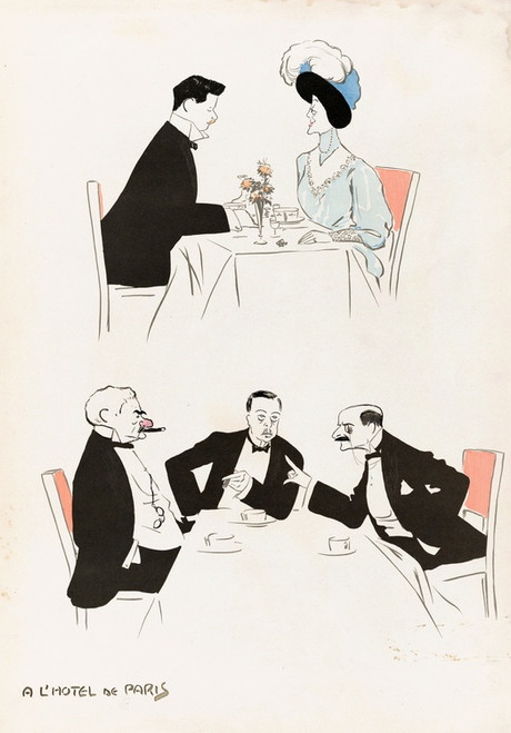 Digital Print - A L'Hotel de Paris (two tables, one with J. P. Morgan by Georges Goursat (Sem)