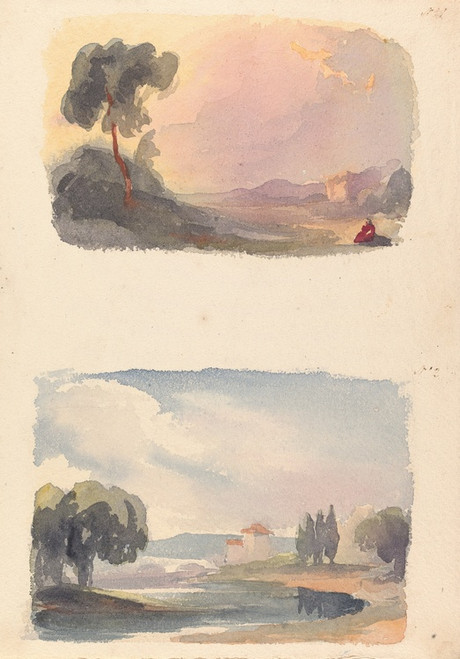Digital Print - Landscape with Mountains in Distance and Seated Figures in Foreground, Landscape with River and Building, Mountains in Distance by Thomas Sully