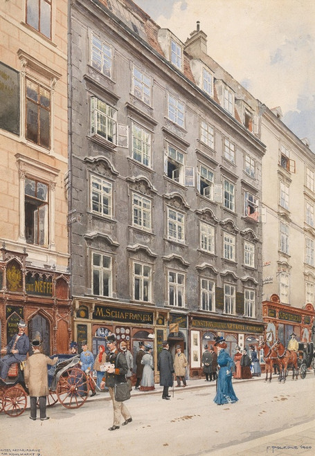 Digital Print - Kohlmarkt in Vienna and the Kunsthandlung Artaria, carriages, a post man and shopping strollers by Franz Poledne