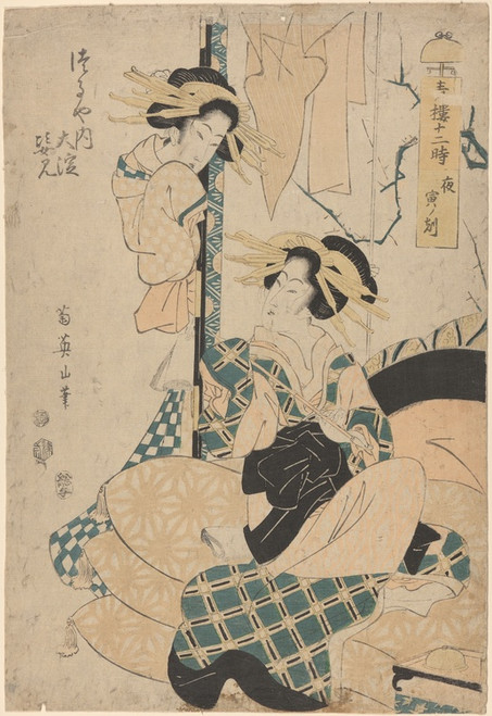 Digital Print - Geisha Seated on Cushions (pipe in hand, another woman looking on from door) by Eizan Kikukawa