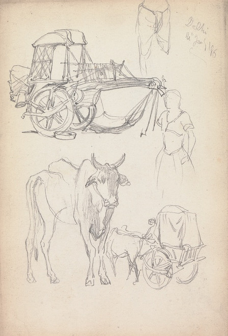 Digital Print - Studies of Bullock Carriages, Delhi, 14 January 1860 by William Simpson