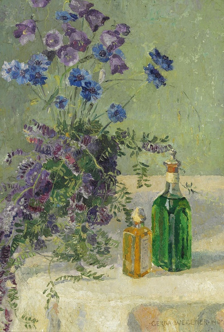 Digital Print - Still life with blue flowers and two bottles on a table by Gerda Wegener