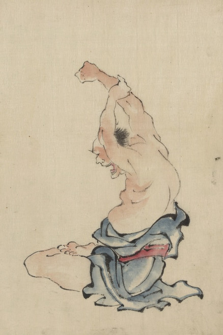 Digital Print - A man, bare-chested, sitting cross-legged with arms raised over his head, stretching or practicing yoga by Katsushika Hokusai