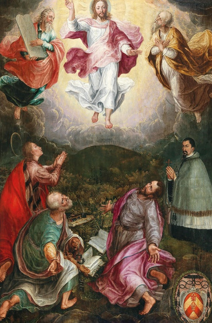 Digital Print - The Transfiguration of Christ on Mount Tabor with the Prophets Elijah and Moses with Saints John, Peter and James, and the donor Jacob Rassler (15681617) by Hans Caspar Memberger