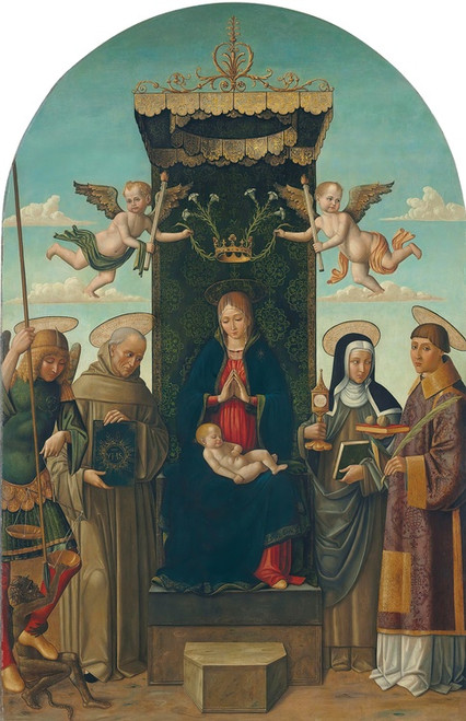 Digital Print - The Madonna and Child enthroned, with Saints Michael, Bernardino of Siena, Clare and Stephen by Gian Giacomo d'Alladio Digital Print - The Madonna and Child enthroned, with Saints Michael, Bernardino of Siena, Clare and Stephen by Gian Giacomo d'Alladio