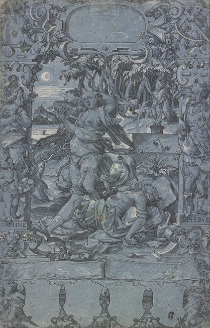 Digital Print - Thisbe an der Leiche des Pyramus, in der Rahmung links Daphne mit dem Amorknaben, rechts Apollo, vom Pfeile Amors getroffen, oben und unten Putten by Christoph Murer