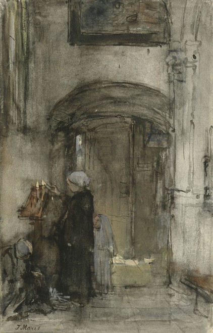 Digital Print - Vissersvrouw met haar dochtertje als 'bruidje' steekt een kerkkaars aan by Jacob Maris