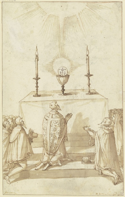 Digital Print - Ein Priester und seine Gemeinde in der Anbetung der Transsubstantiation by Hans Rottenhammer