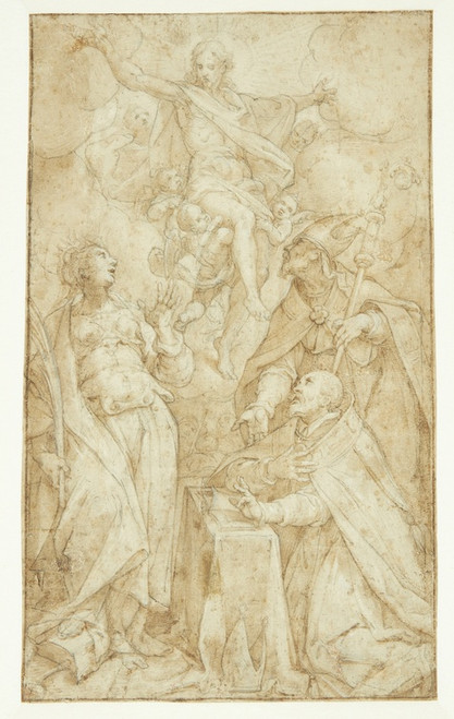 Digital Print - Kristus i skyerne, bret af engle, viser sig for en biskop ved en lsepult, en biskophelgen Skt Augustin og Catarina af Alexandria by Denys Calvaert