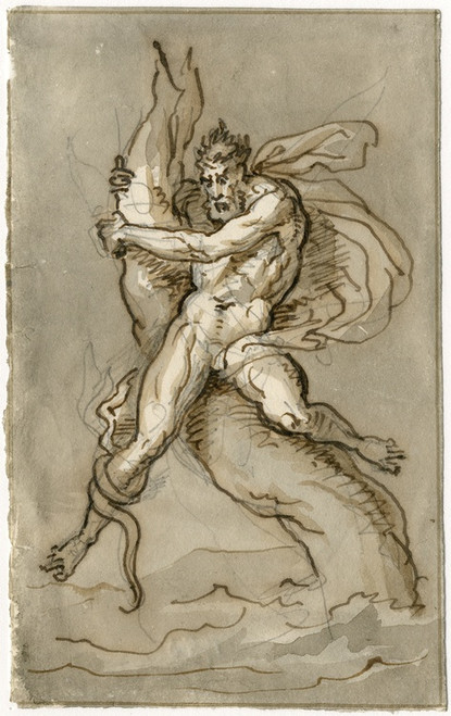 Digital Print - Nude man holding on to a tree while being attacked by a snake by David Humbert de Superville