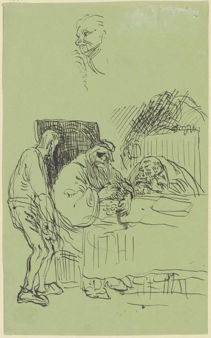 Digital Print - Alter Mann, mit seinen Hnde vor ihm auf dem Tisch liegende Geldmnzen schirmend, die gierigen Blicke zweier ihn umgebender Mnner abwehrend by Victor Mller