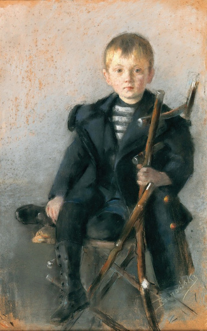Digital Print - A portrait of a blond boy and black coat with gold button by Olga Boznanska