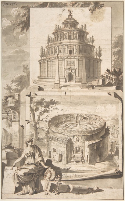 Digital Print - A Reconstruction of the Mausoleum of Augustus (above) and a View of the Ruins (below) by Jan Goeree