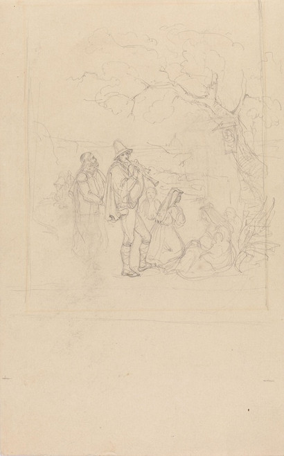 Digital Print - Figurer i landskap med hornblser i forgrunn by Adolph Tidemand