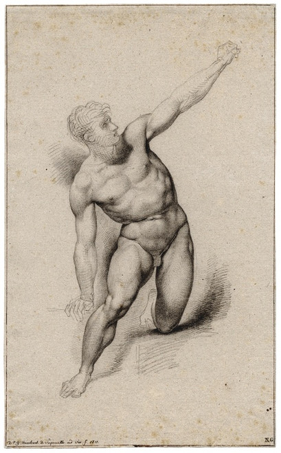 Digital Print - Naakte, knielende man, met geheven arm by David Humbert de Superville
