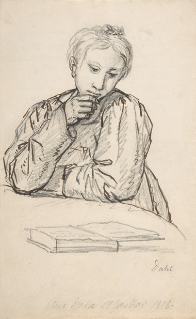 Digital Print - Portrait of Eline Marie Heger as a Child, Leaning on a Table, Looking at a Book by Johan Christian Dahl