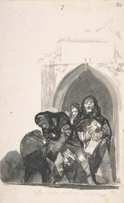 Digital Print - Nothing is Known of This' ; two figures picking up a body in front of a church, a monk singing next to them and another in the background by Francisco de Goya