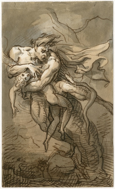 Digital Print - Nude man and boy holding on to a tree while being attacked by a snake by David Humbert de Superville
