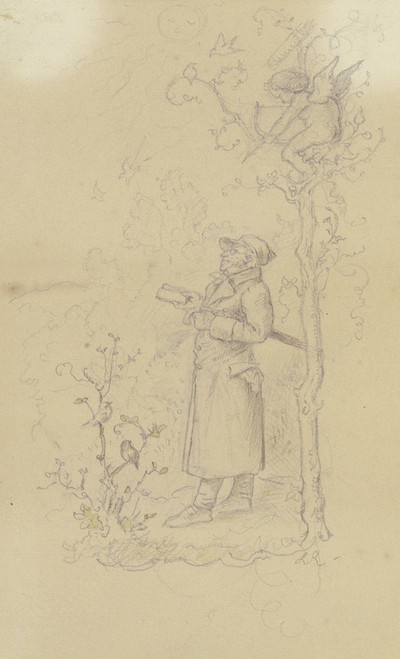 Digital Print - Bebrillter Mann bei Sonnenschein spazierengehend, ber ihm Amor by Ludwig Richter
