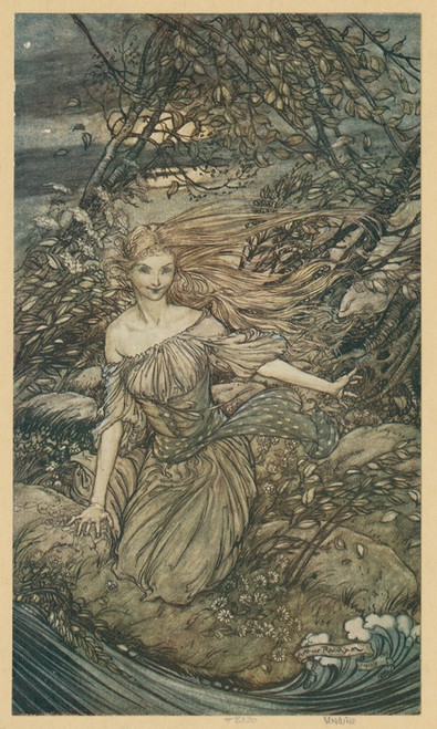 Digital Print - He saw by the moonlight momentarily unveiled, a little island encircled by the flood ; and there under the branches of the overhanging trees was Undine. by Arthur Rackham