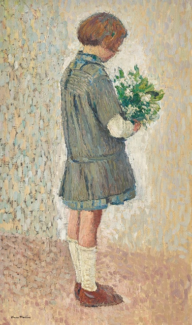 Digital Print - Fillette en tablier d'colire tenant un bouquet by Henri Martin