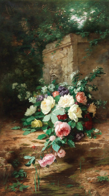 Digital Print - Flowers By An Ancient Fountain by Alexandre Gamba de Preydour