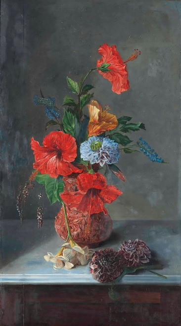 Digital Print - Hibiscus, Freesias, Dahlias, and Bluebells on a marble topped sideboard by Jos Mara Bracho Murillo