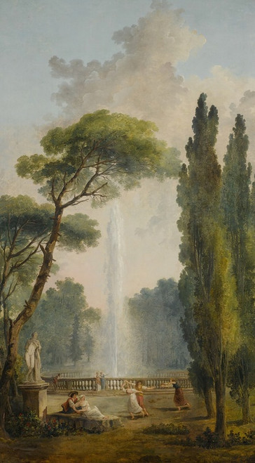 Digital Print - View of a garden with a large fountain at center and figures relaxing and dancing in the foreground by Hubert Robert