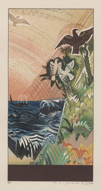 Digital Print - Illustration of ocean and land scene with birds and whales by Francois-Louis Schmied