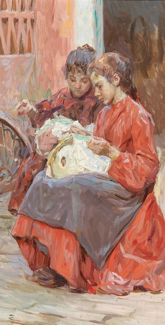 Digital Print - Two Girls Engaged in Needlework by Josef Engelhart