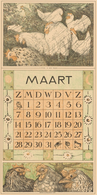 Digital Print - Kalenderblad maart met kippen in de regen by Theo van Hoytema