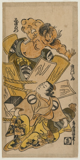Digital Print - Ichikawa Monnosuke as a Courtesan and Nakajima Mioemon Bursting Out of a Barrel by Torii Kiyomasu