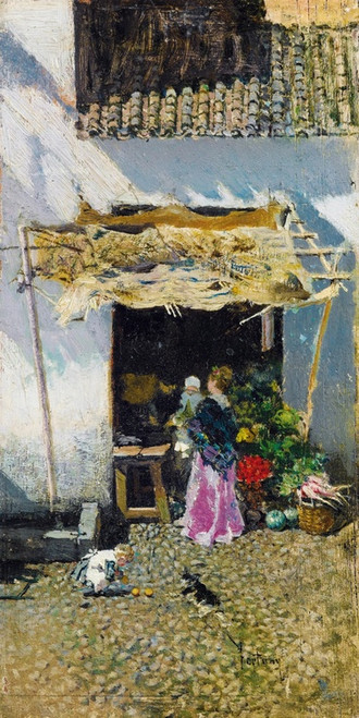 Digital Print - Jeune femme  la jupe lilas, devant une choppe de lgumes by Mariano Fortuny Marsal