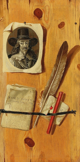 Digital Print - A trompe-loeil painting with an engraved portrait of King Charles I, an issue of Fogs Journal, dated 1734, a quill pen and sealing wax, held against a wooden backboard by Jacobus Plasschaert
