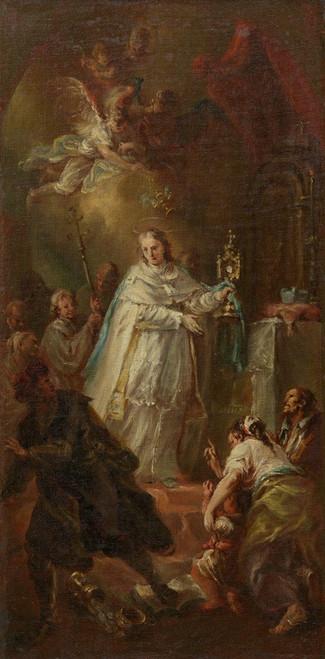 Digital Print - Sakramentswunder; Ein Priester vertreibt einen Ketzer mit dem emporgehobenen Allerheiligsten vom Altar by Johann Georg Baumgartner