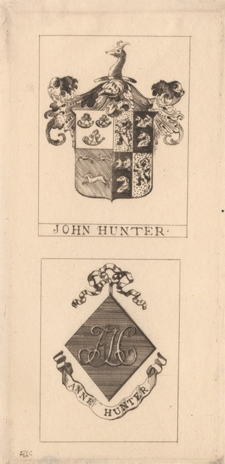 Digital Print - John Hunter's Book Plate with Armorial Bearings and Mrs. Hunter's Book Plate with her Monogram by David Young Cameron