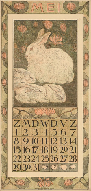 Digital Print - Kalenderblad voor mei 1910 met een wit konijn met vier jongen by Theo van Hoytema