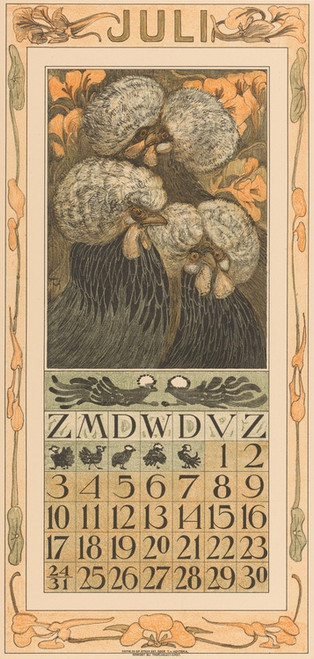 Digital Print - Kalenderblad juli met drie kuifkippen by Theo van Hoytema